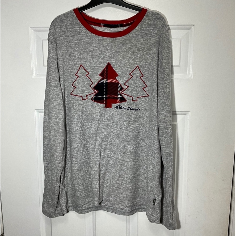 Eddie Bauer Mens Gray Waffle Knit Christmas Tree Plaid Sleep Shirt Large L